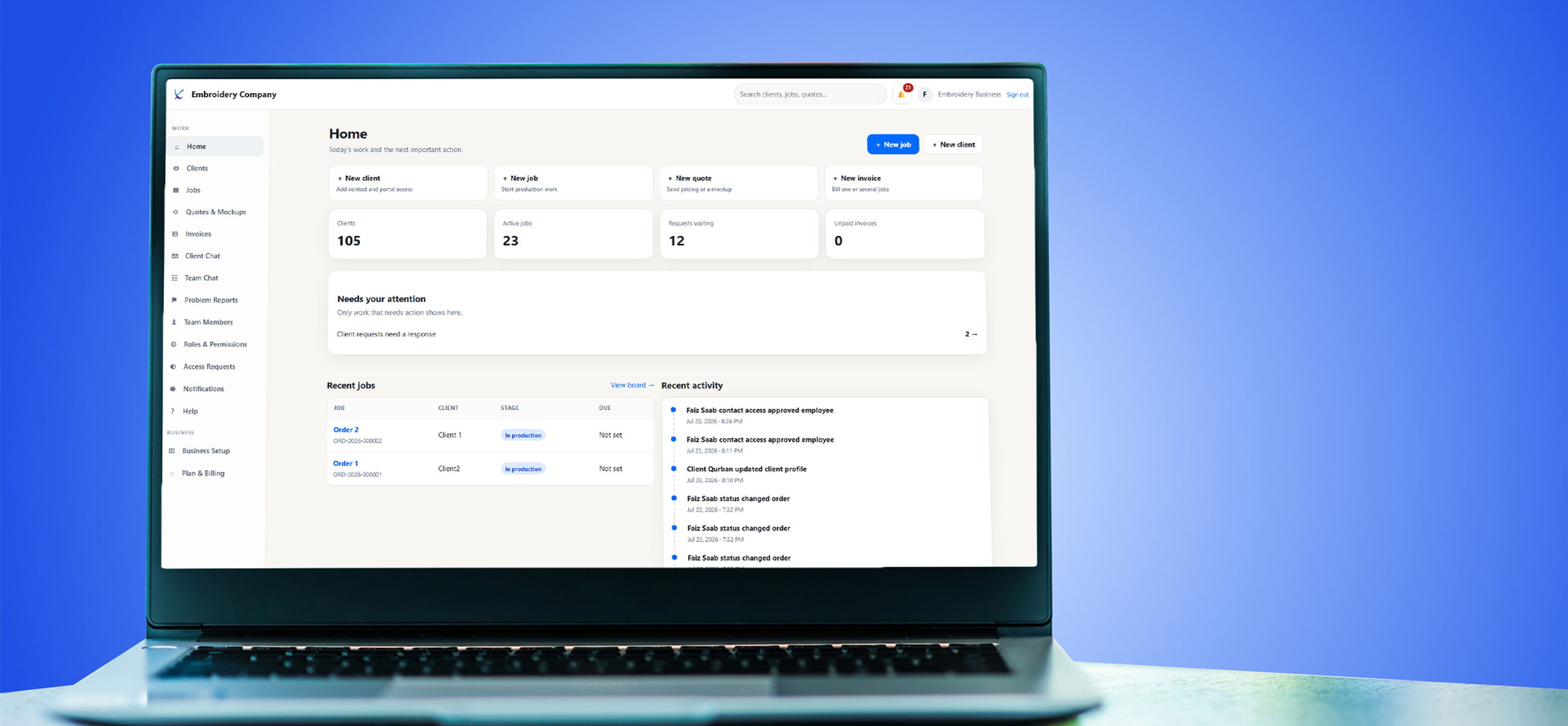 Ivixico Embroidery Business Cloud for embroidery business workflow, clients, jobs, production and invoices